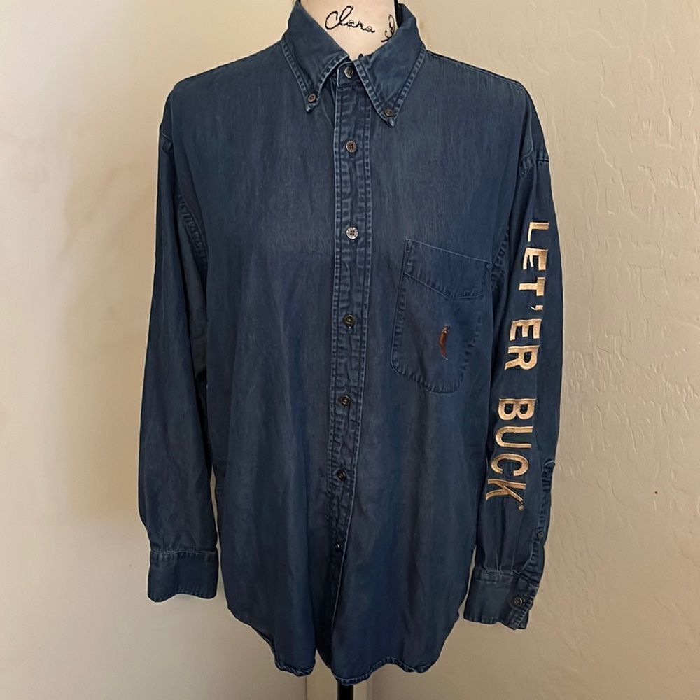 Pendleton Blue Denim LET’ ER BUCK Button Closure Rodeo Western Shirt Cowgirl